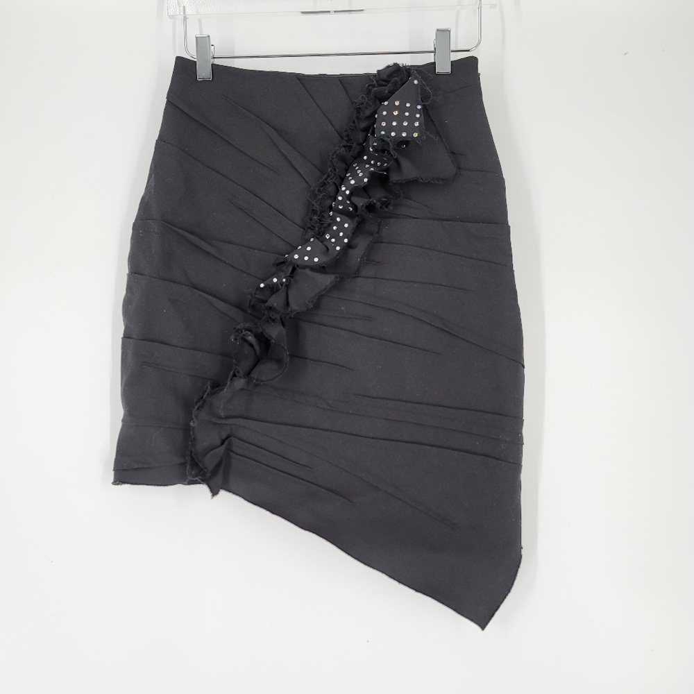 Saint Laurent Black Asymmetrical Wool Skirt Rhinestone Ruffles Size 40 US 8